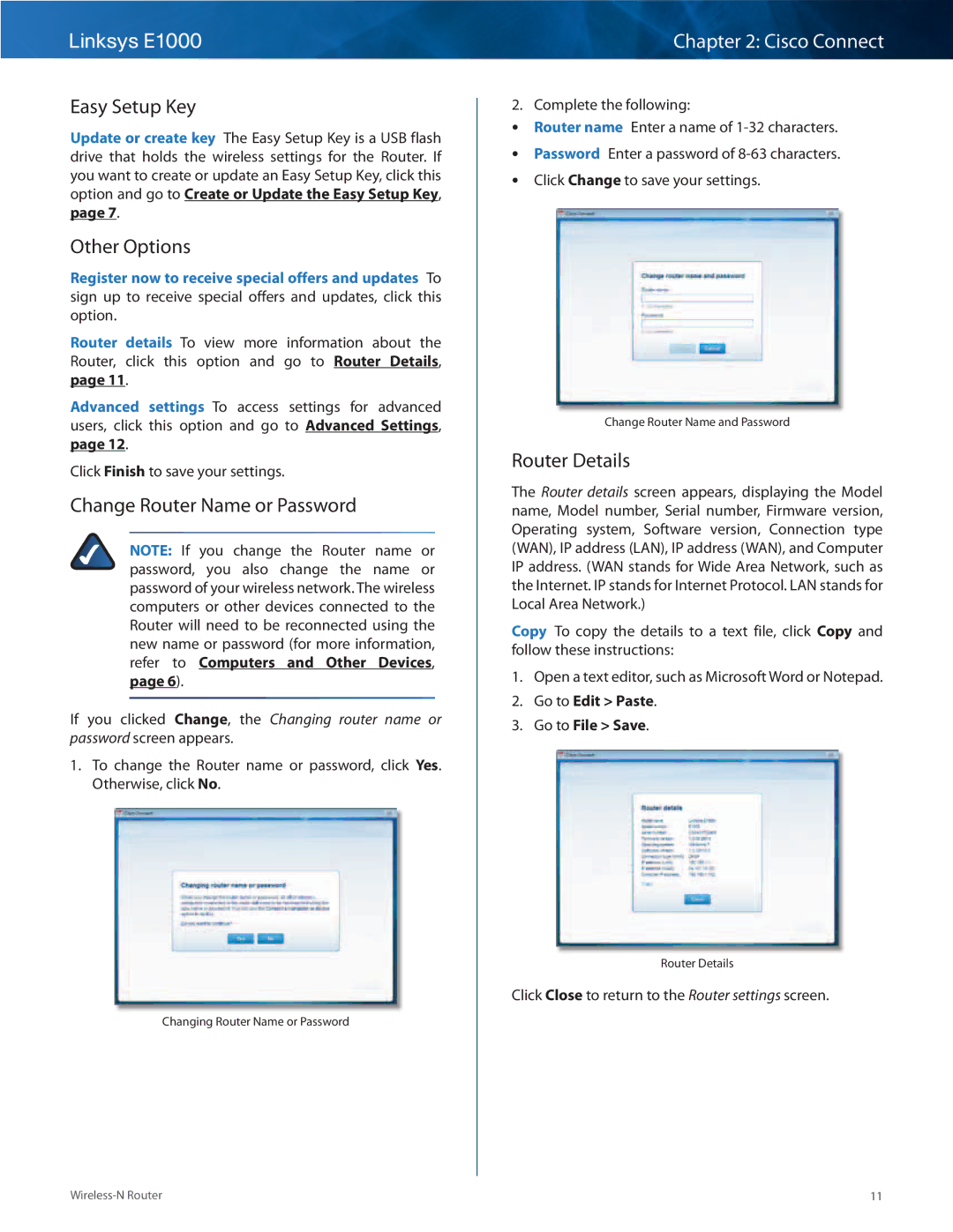 Linksys E1000-RM manual Easy Setup Key, Other Options, Change Router Name or Password, Router Details 