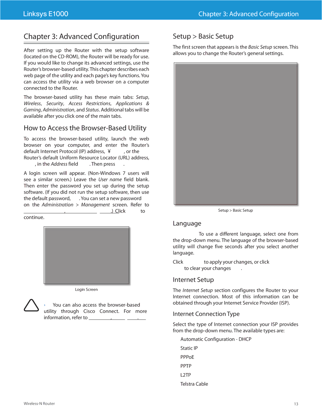 Linksys E1000 Advanced Configuration, How to Access the Browser-Based Utility, Setup Basic Setup, Language, Internet Setup 