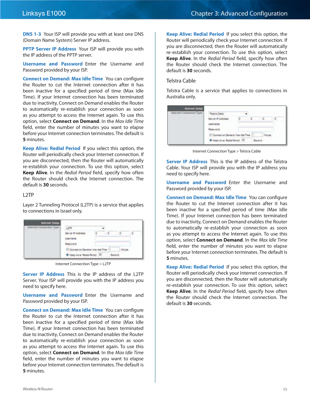 Linksys E1000-RM manual L2TP, Telstra Cable 