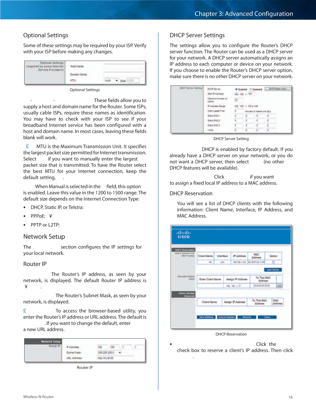 Linksys E1000-RM manual Network Setup, Optional Settings, Router IP, Dhcp Server Settings, Dhcp Reservation 