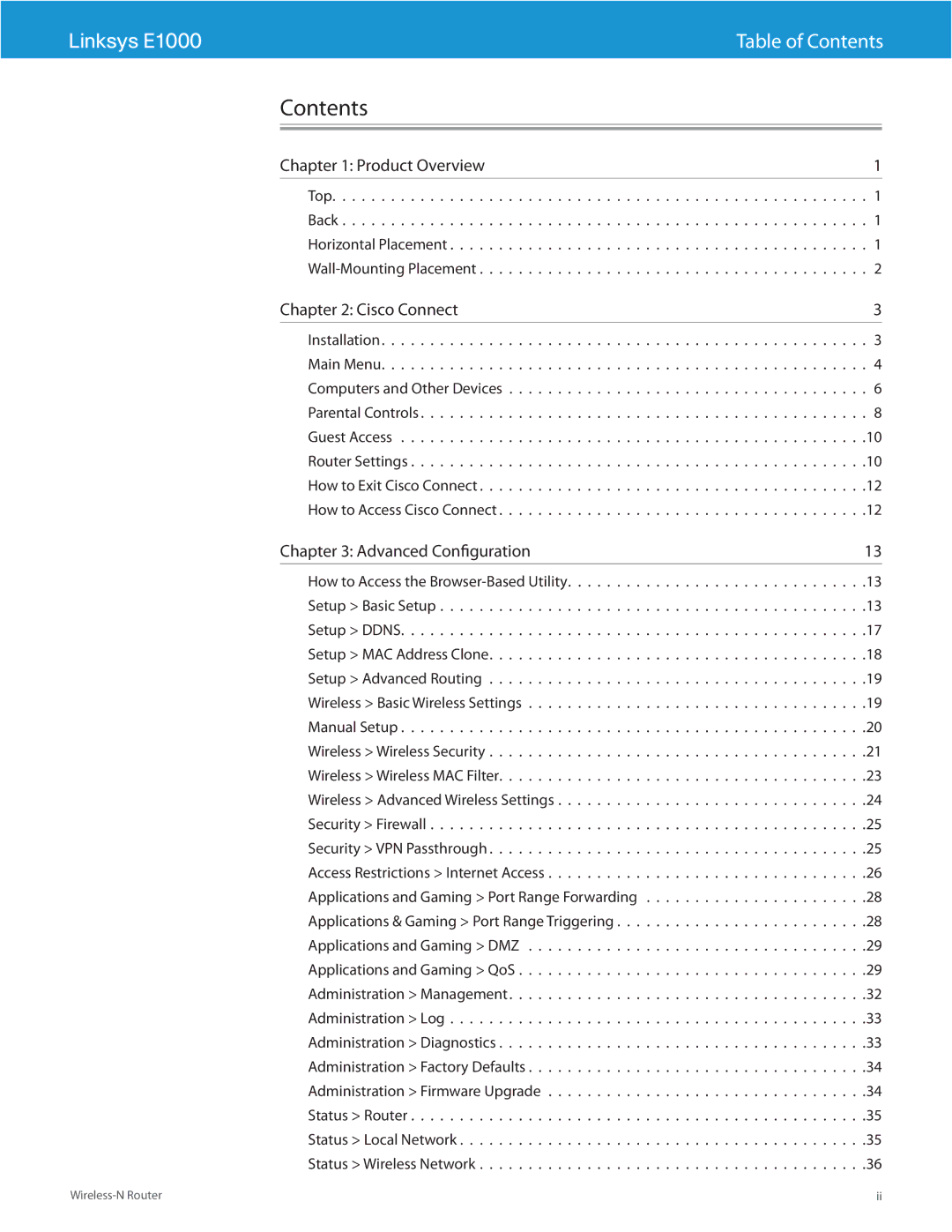 Linksys E1000-RM manual Contents 