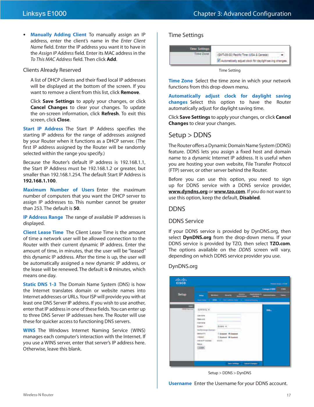 Linksys E1000-RM manual Setup Ddns, Time Settings, Ddns Service, Clients Already Reserved, DynDNS..org 