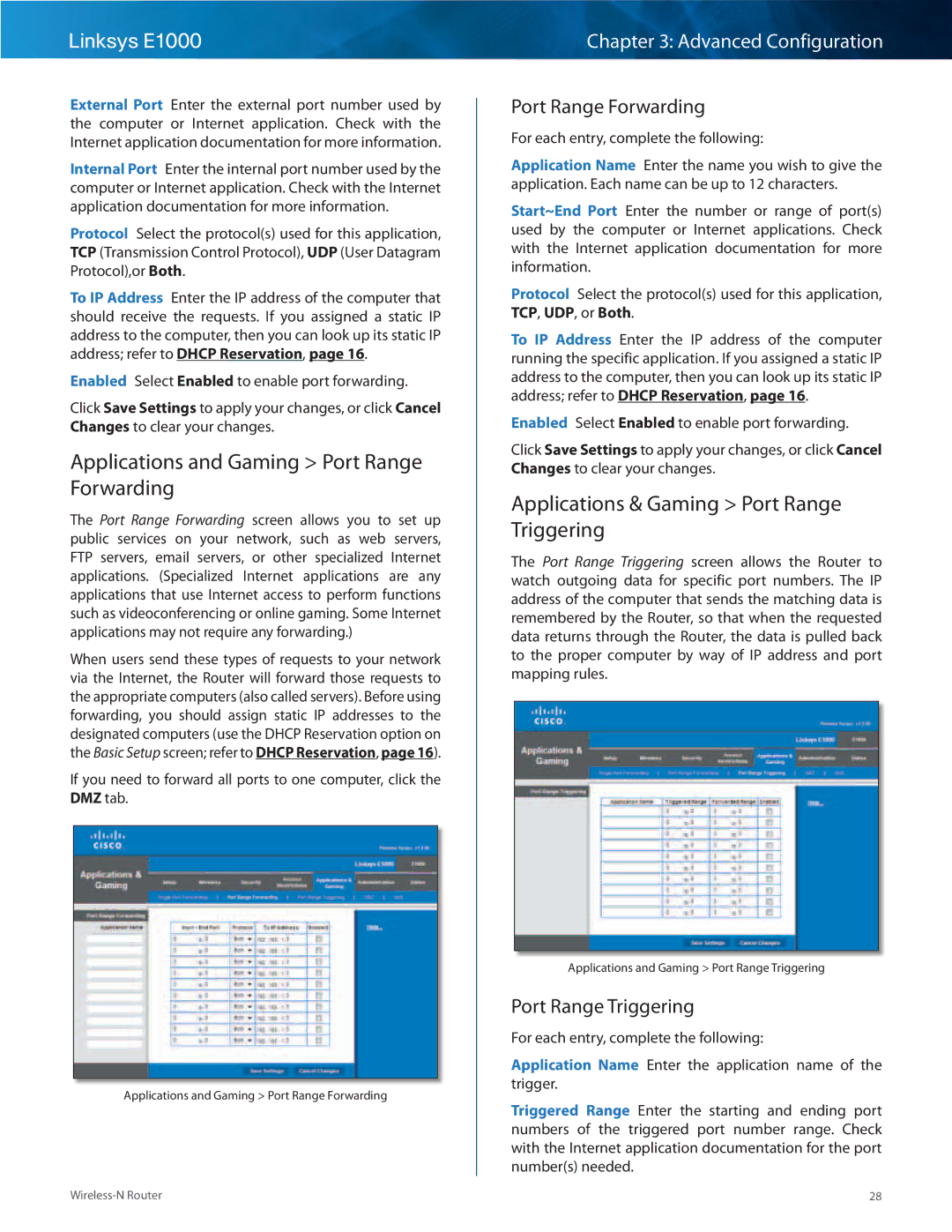 Linksys E1000-RM manual Applications and Gaming Port Range Forwarding, Applications & Gaming Port Range Triggering 