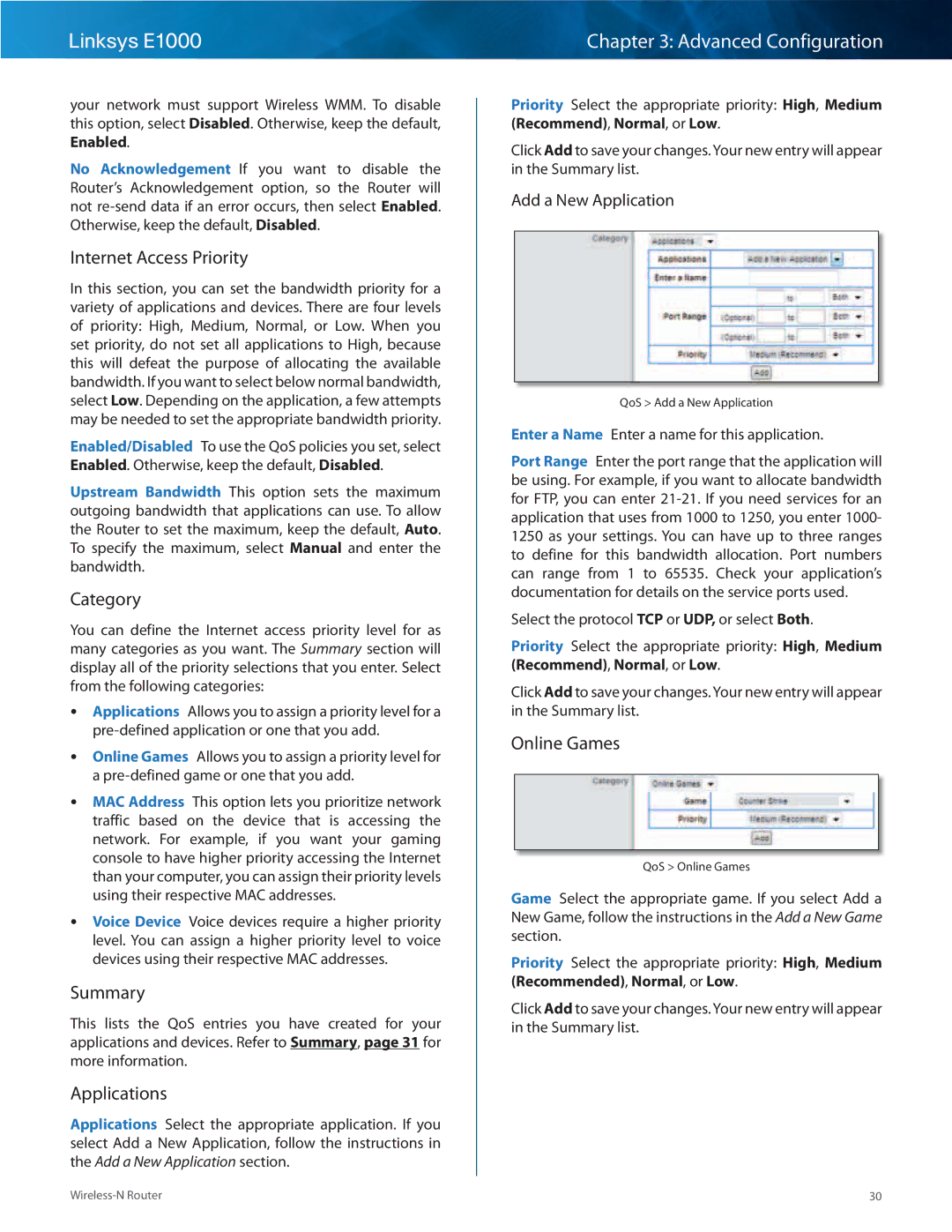 Linksys E1000-RM manual Internet Access Priority, Category, Applications, Online Games, Add a New Application 