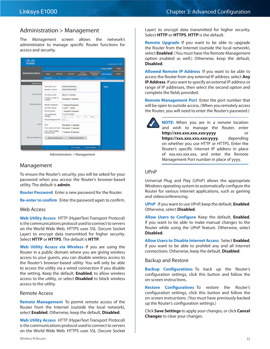 Linksys E1000-RM manual Administration Management 