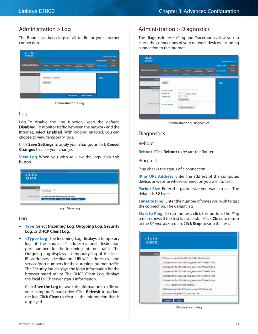 Linksys E1000-RM manual Administration Log, Administration Diagnostics 