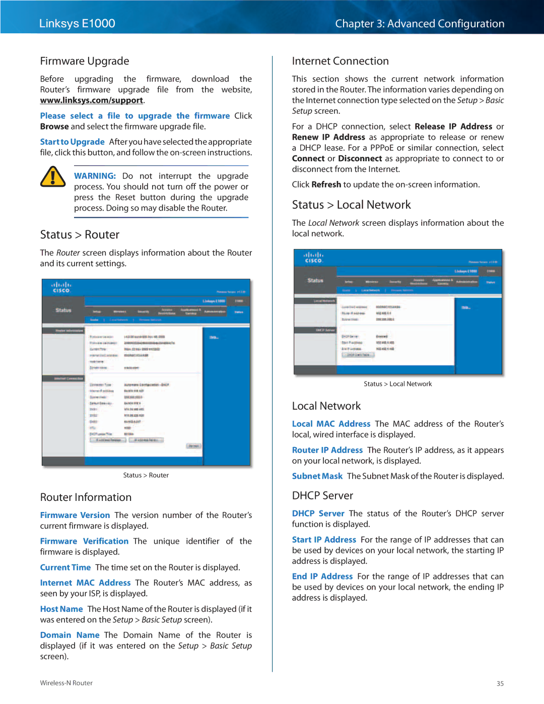 Linksys E1000-RM manual Status Router, Status Local Network 