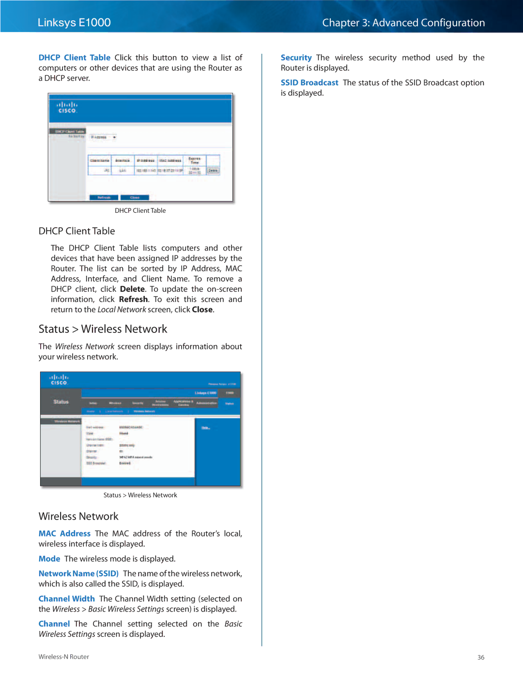 Linksys E1000-RM manual Status Wireless Network 