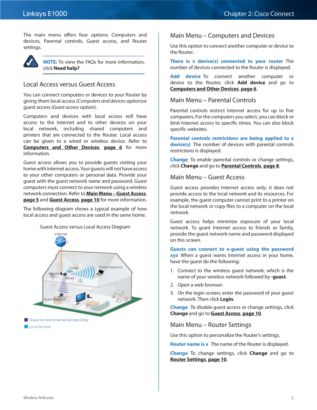 Linksys E1000-RM manual Local Access versus Guest Access, Main Menu Computers and Devices, Main Menu Parental Controls 