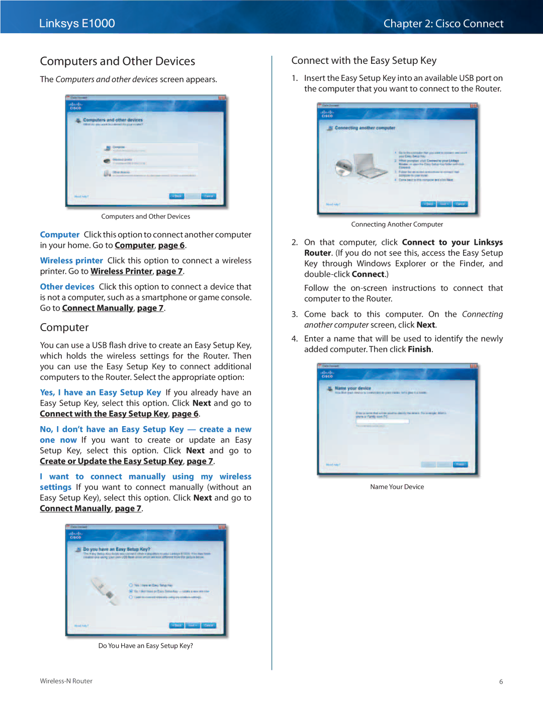 Linksys E1000-RM manual Computers and Other Devices, Connect with the Easy Setup Key 