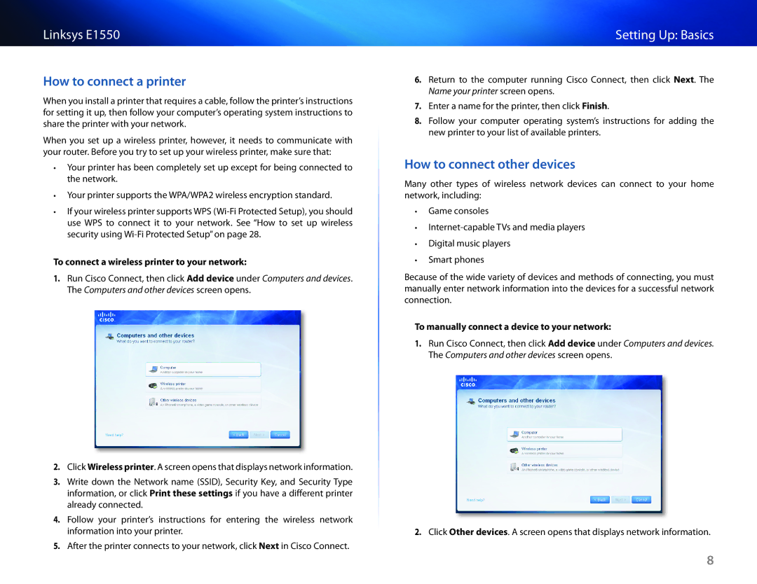 Linksys E1550 manual How to connect a printer, How to connect other devices, To connect a wireless printer to your network 