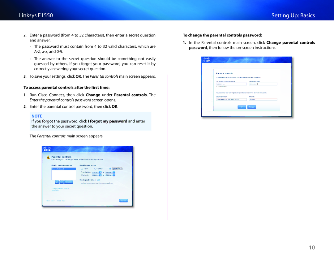 Linksys E1550 manual To access parental controls after the first time, To change the parental controls password 