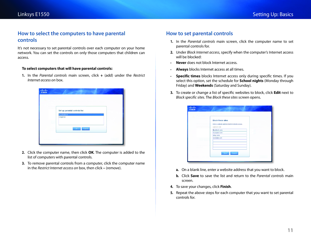 Linksys E1550 manual How to select the computers to have parental controls, How to set parental controls 