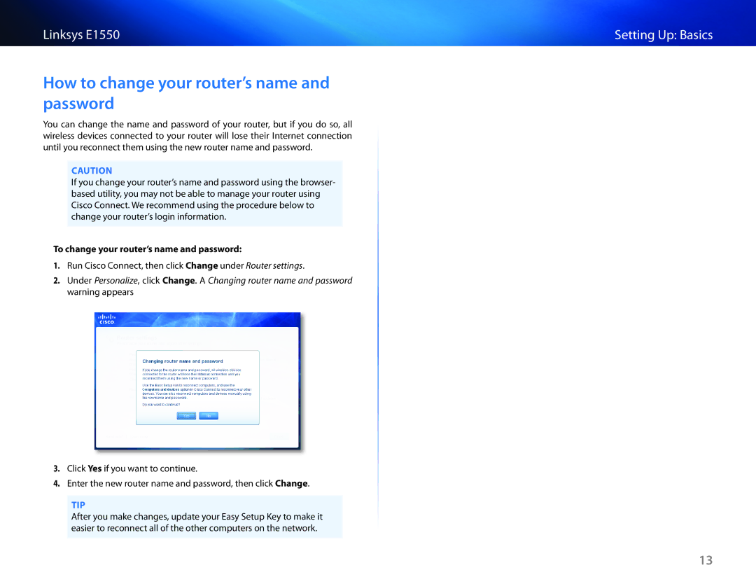 Linksys E1550 manual How to change your router’s name and password, To change your router’s name and password 