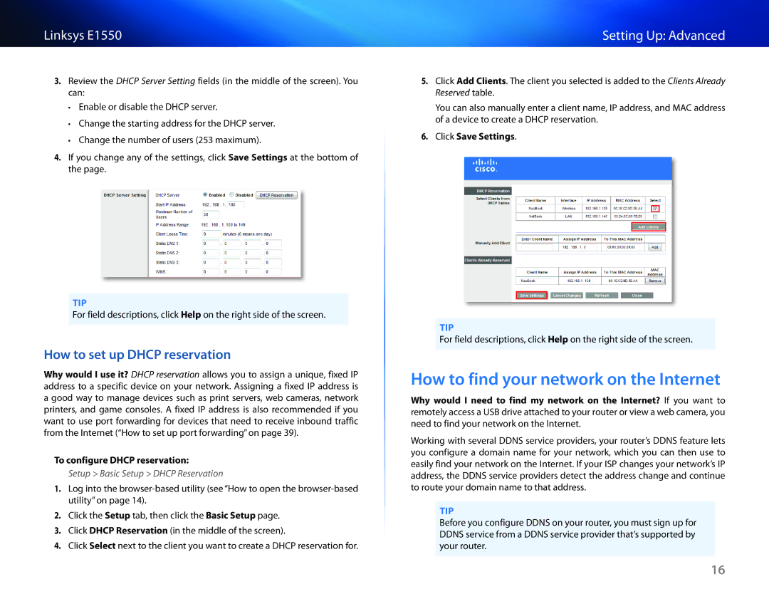 Linksys E1550 How to find your network on the Internet, How to set up Dhcp reservation, To configure Dhcp reservation 