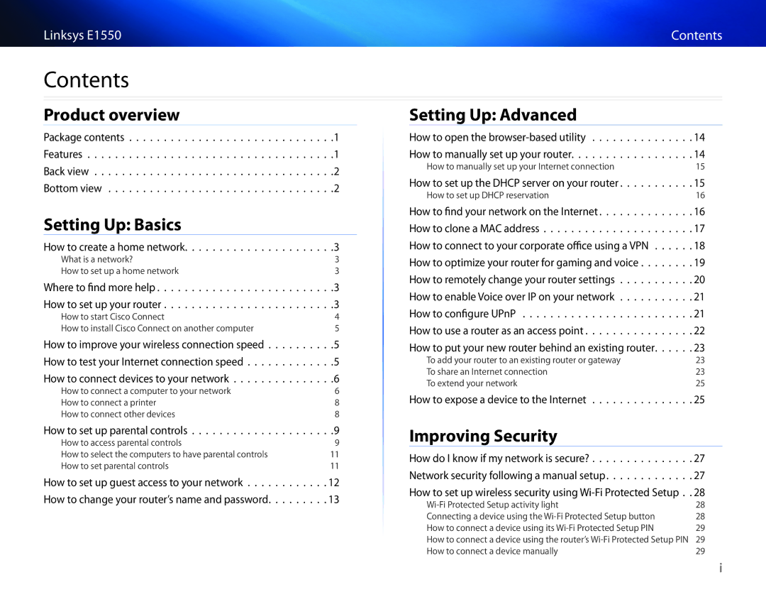 Linksys E1550 manual Contents 