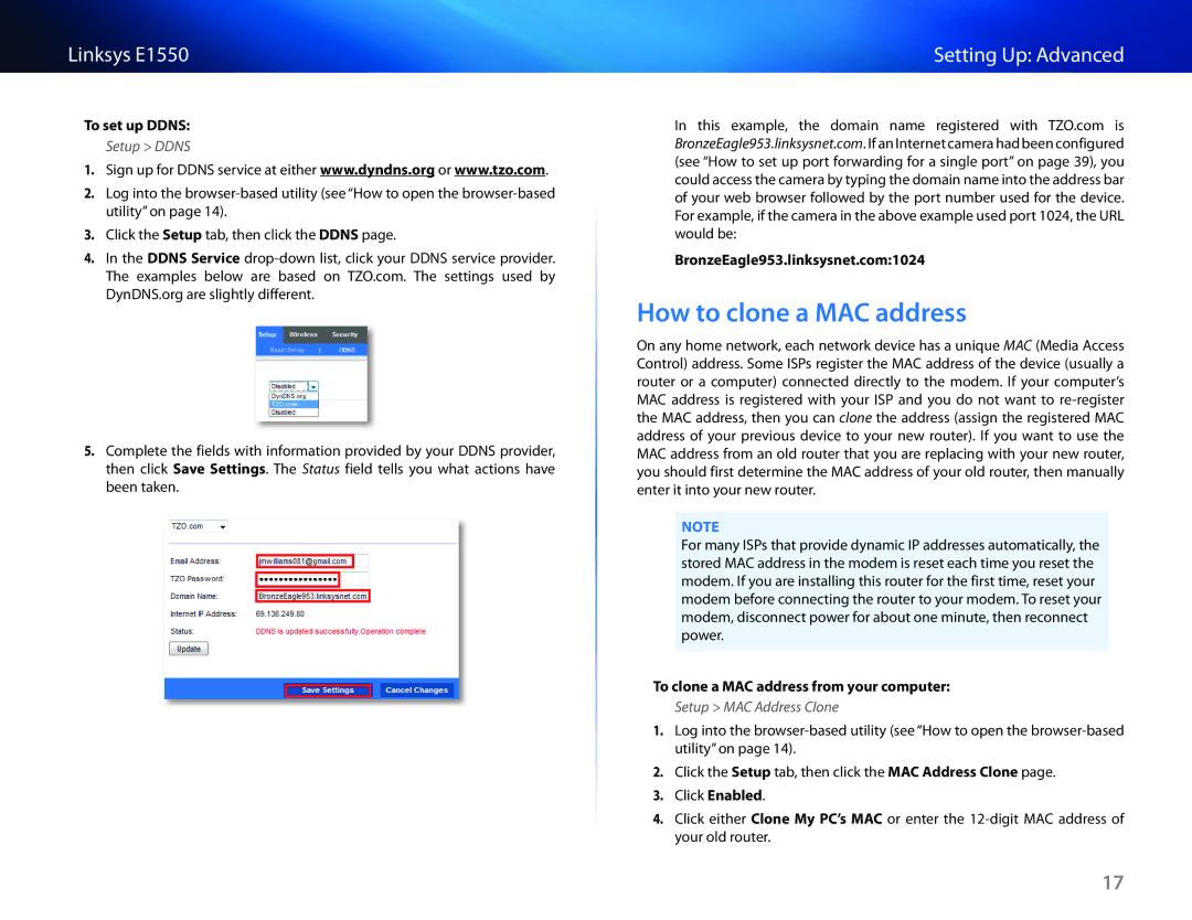 Linksys E1550 manual How to clone a MAC address, To set up Ddns, BronzeEagle953.linksysnet.com1024 