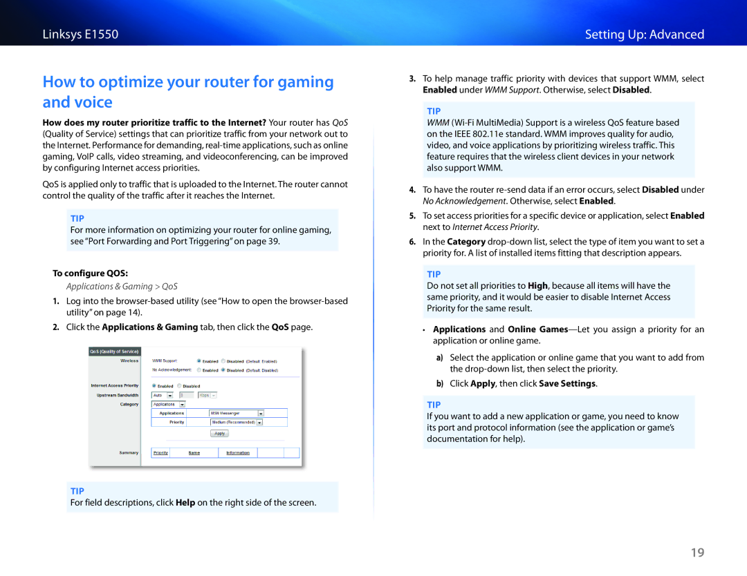 Linksys E1550 manual How to optimize your router for gaming and voice, To configure QOS, Applications & Gaming QoS 