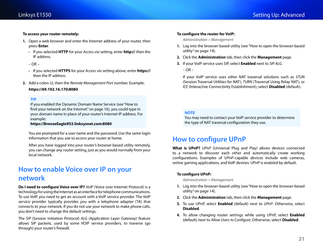 Linksys E1550 manual How to enable Voice over IP on your network, How to configure UPnP, To access your router remotely 