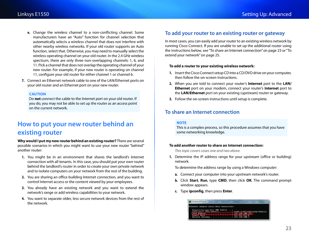 Linksys E1550 How to put your new router behind an existing router, To add your router to an existing router or gateway 