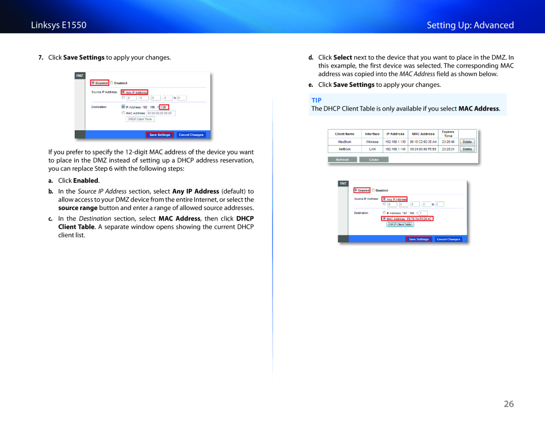 Linksys E1550 manual Click Save Settings to apply your changes 