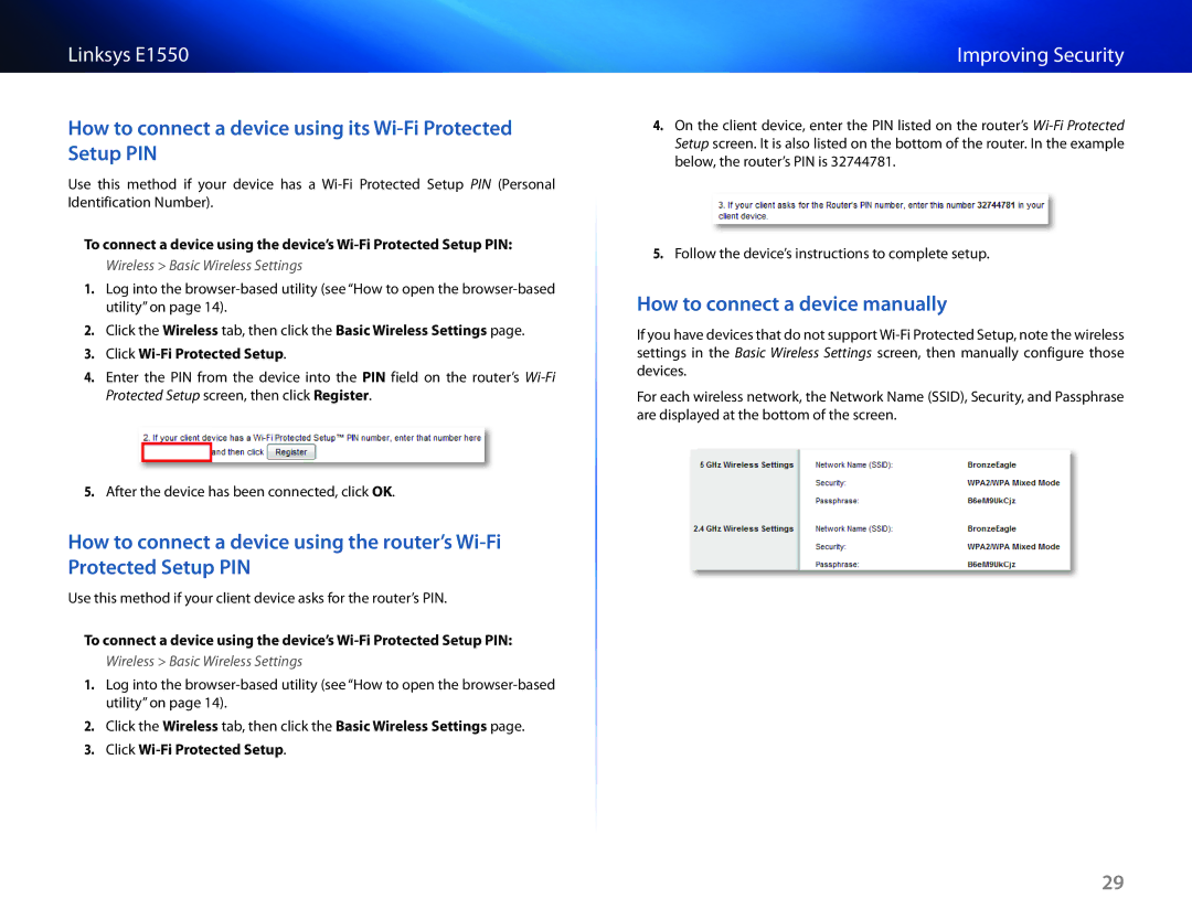 Linksys E1550 How to connect a device using its Wi-Fi Protected Setup PIN, How to connect a device manually 