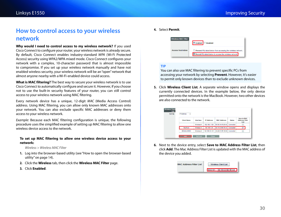 Linksys E1550 manual How to control access to your wireless network, Wireless Wireless MAC Filter 