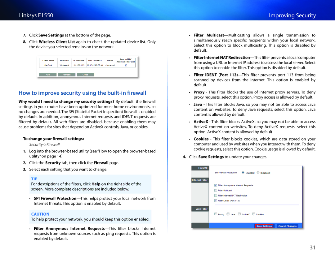 Linksys E1550 How to improve security using the built-in firewall, To change your firewall settings, Security-Firewall 