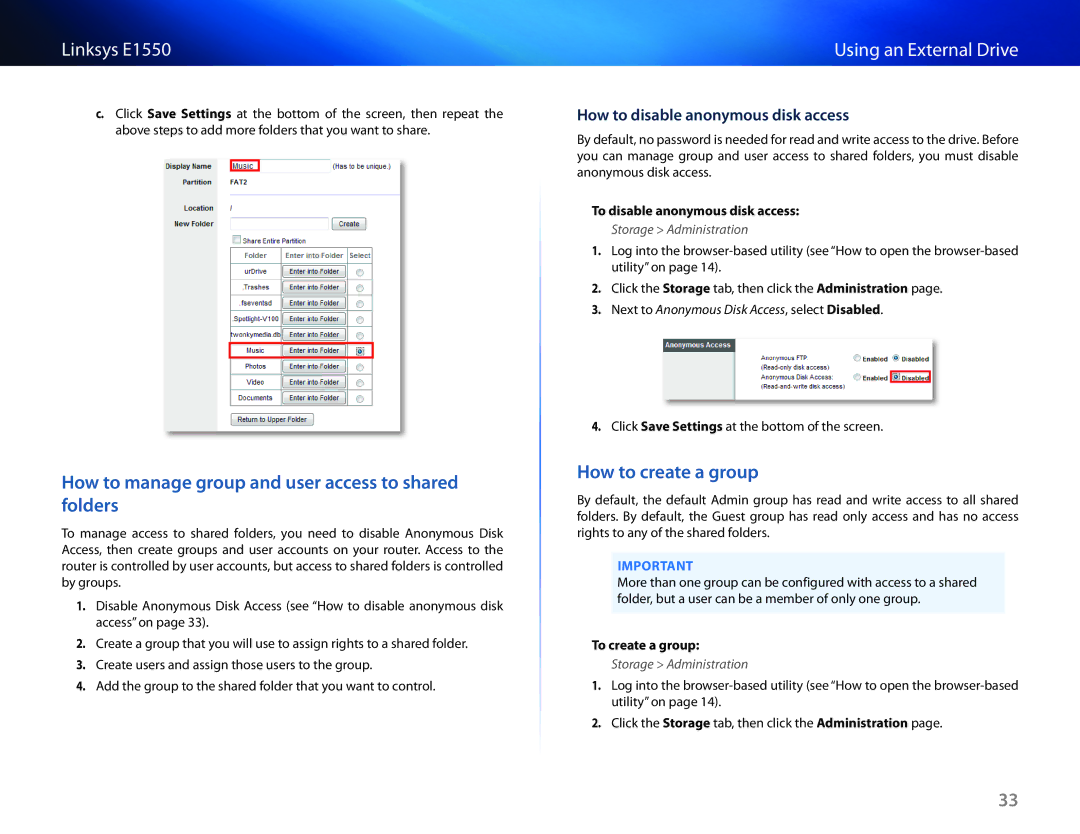 Linksys E1550 manual How to manage group and user access to shared folders, How to create a group, Storage Administration 