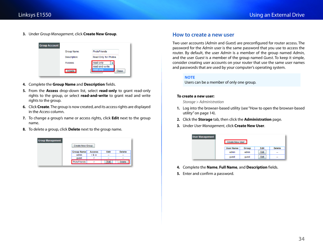 Linksys E1550 manual How to create a new user, To create a new user 