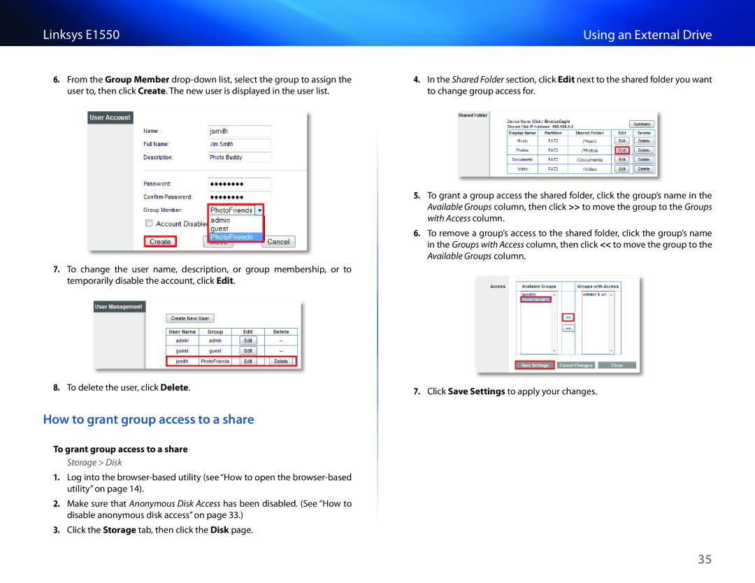 Linksys E1550 manual How to grant group access to a share, To grant group access to a share 