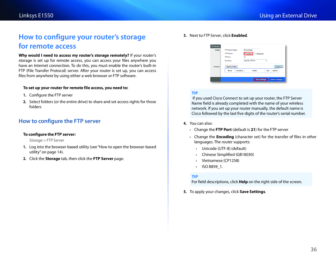 Linksys E1550 manual How to configure your router’s storage for remote access, How to configure the FTP server 