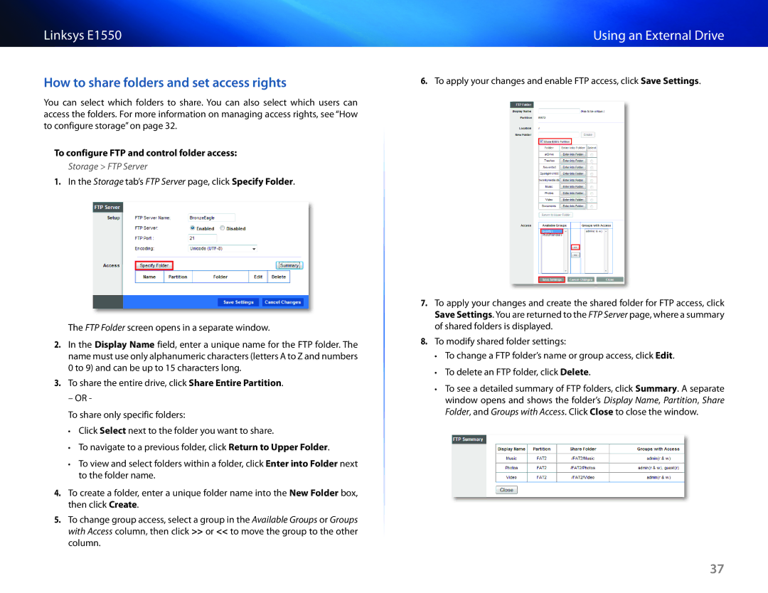 Linksys E1550 manual How to share folders and set access rights, To configure FTP and control folder access 