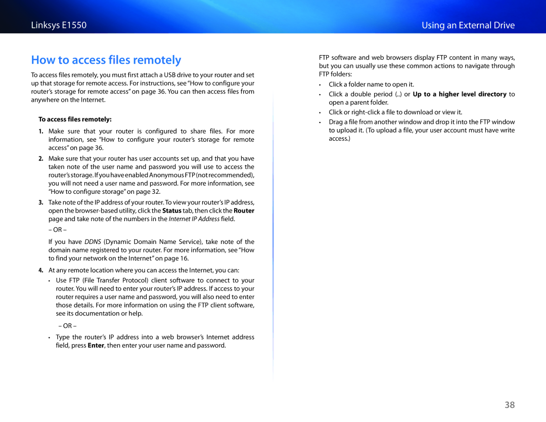 Linksys E1550 manual How to access files remotely, To access files remotely 
