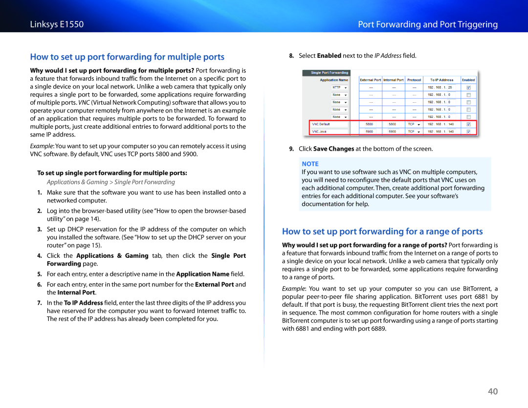 Linksys E1550 manual How to set up port forwarding for multiple ports, How to set up port forwarding for a range of ports 