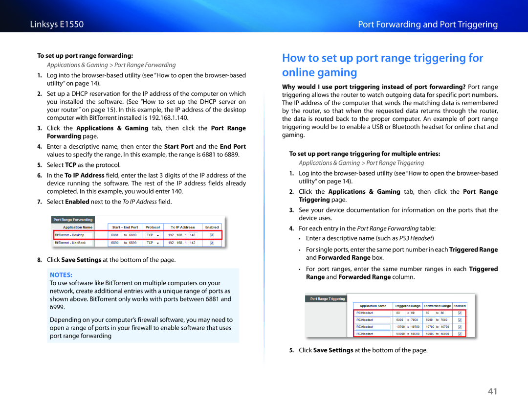 Linksys E1550 manual How to set up port range triggering for online gaming, To set up port range forwarding 