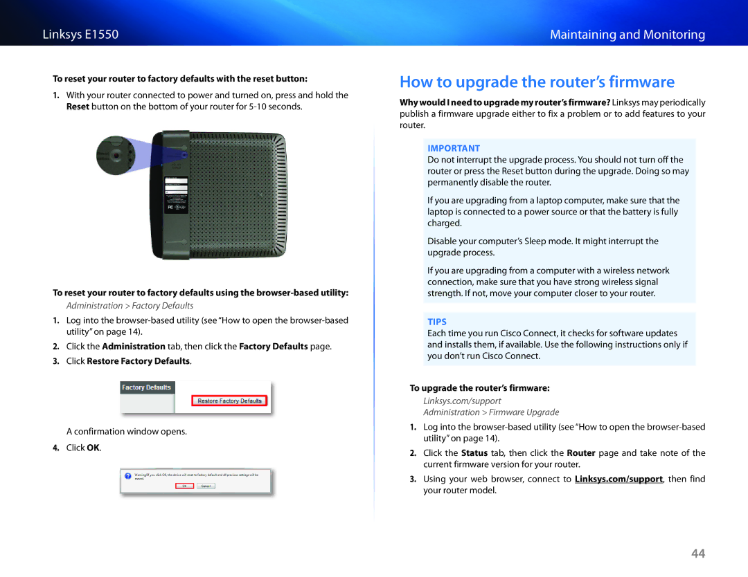 Linksys E1550 manual How to upgrade the router’s firmware, Administration Factory Defaults, Click Restore Factory Defaults 