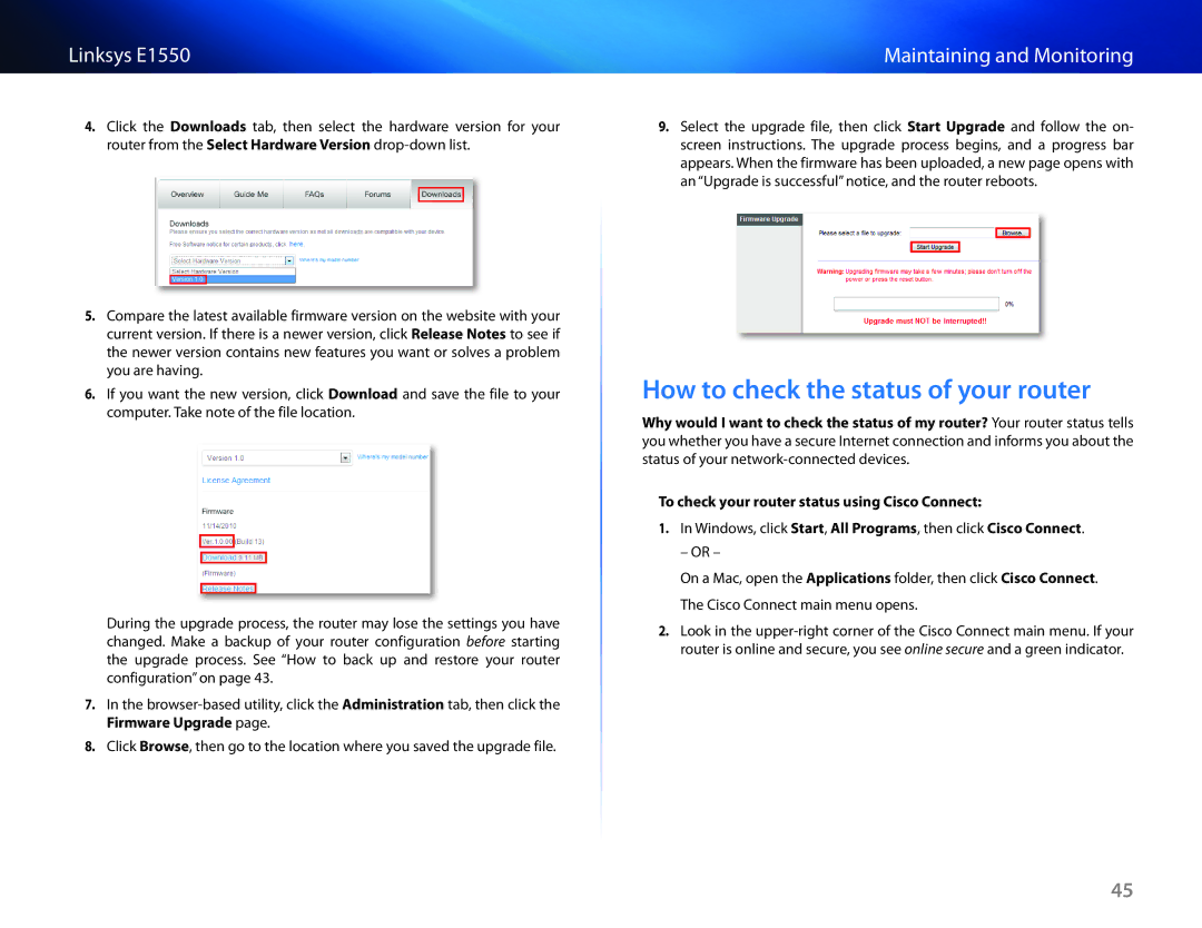 Linksys E1550 manual How to check the status of your router 