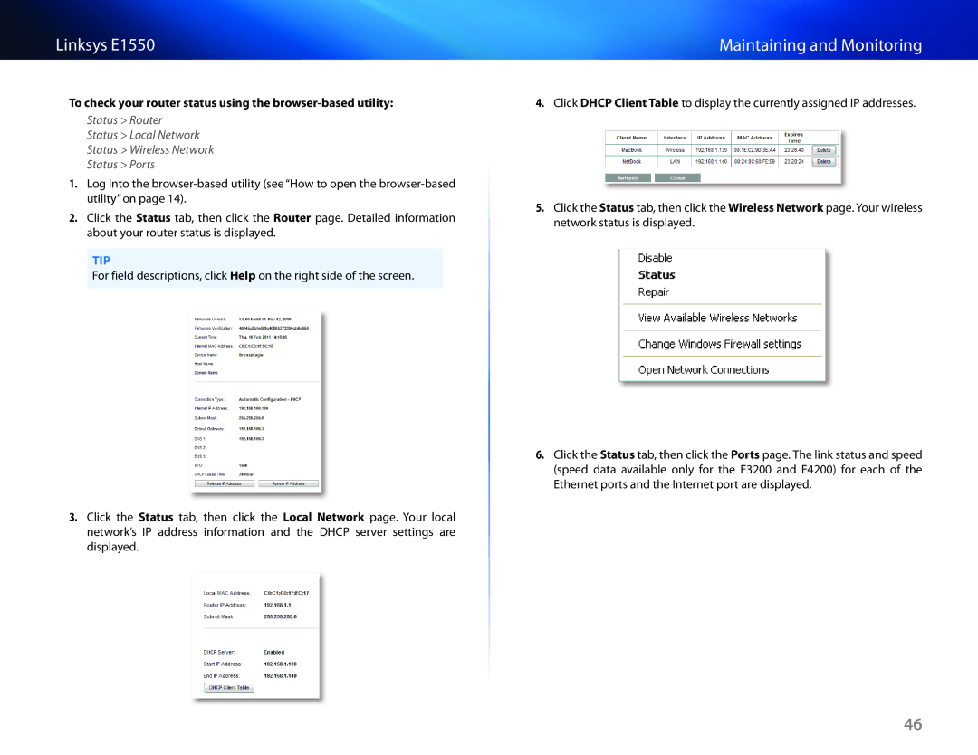 Linksys E1550 manual To check your router status using the browser-based utility 