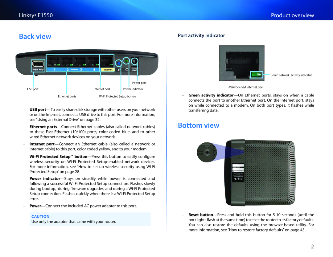 Linksys E1550 manual Back view, Bottom view 