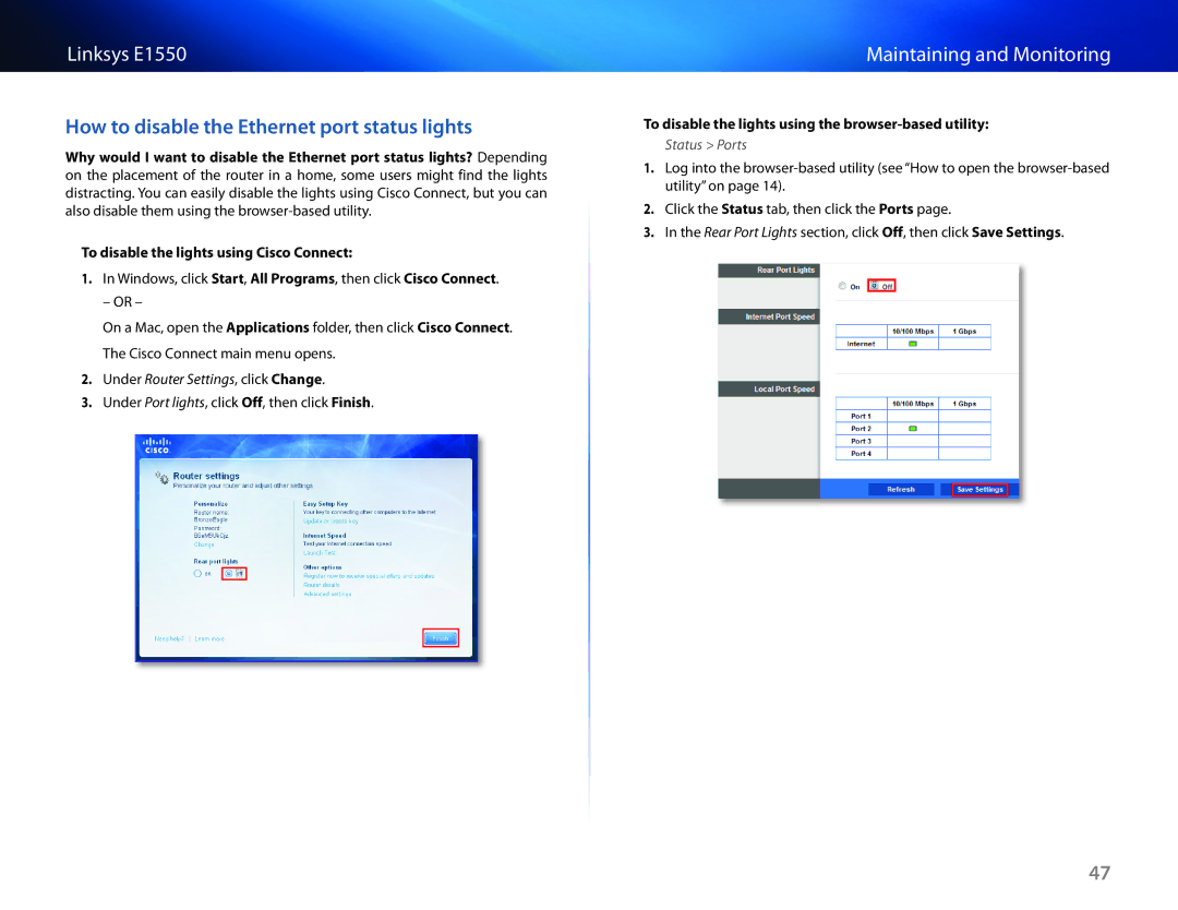 Linksys E1550 manual How to disable the Ethernet port status lights, To disable the lights using the browser-based utility 