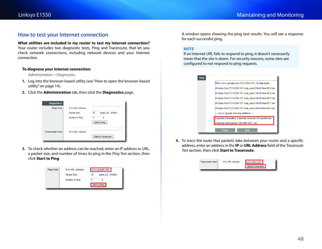 Linksys E1550 manual How to test your Internet connection, Administration Diagnostics 