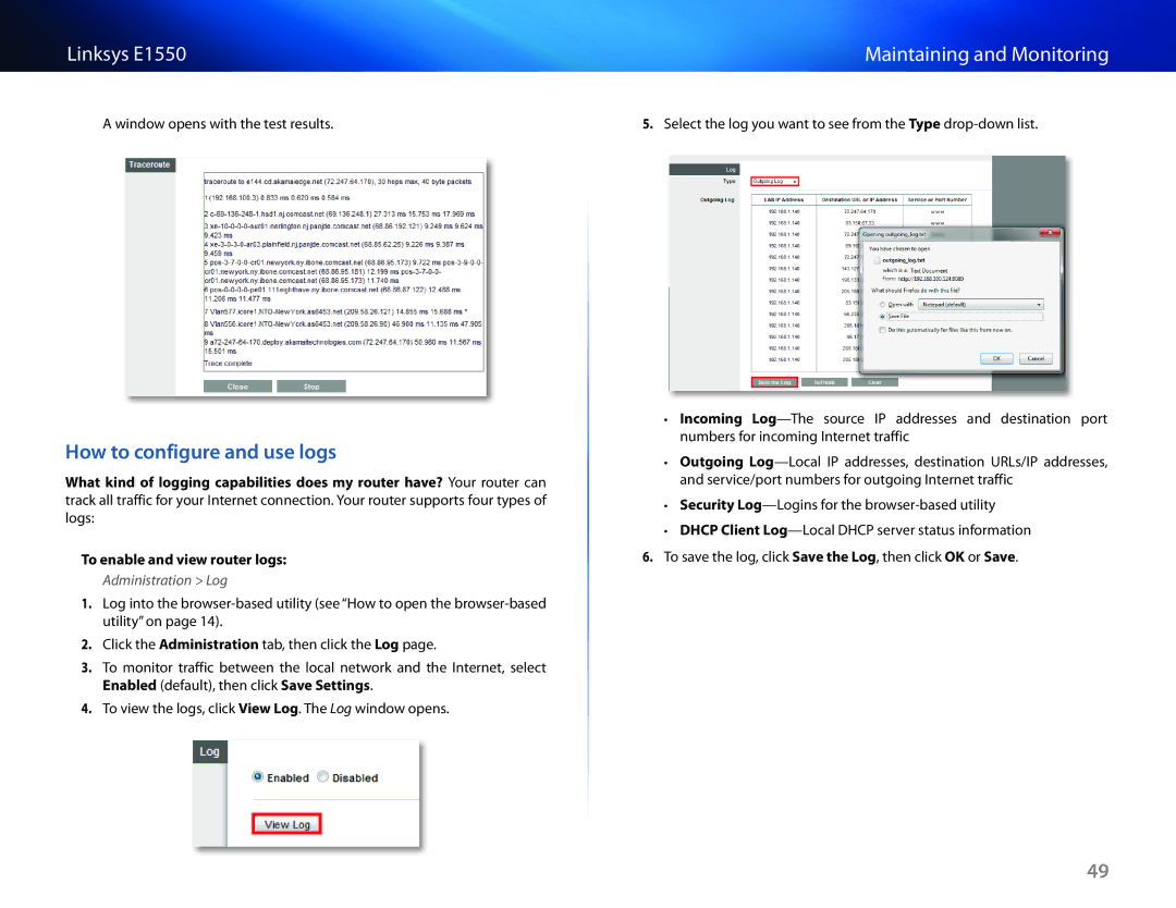 Linksys E1550 manual How to configure and use logs, Administration Log 