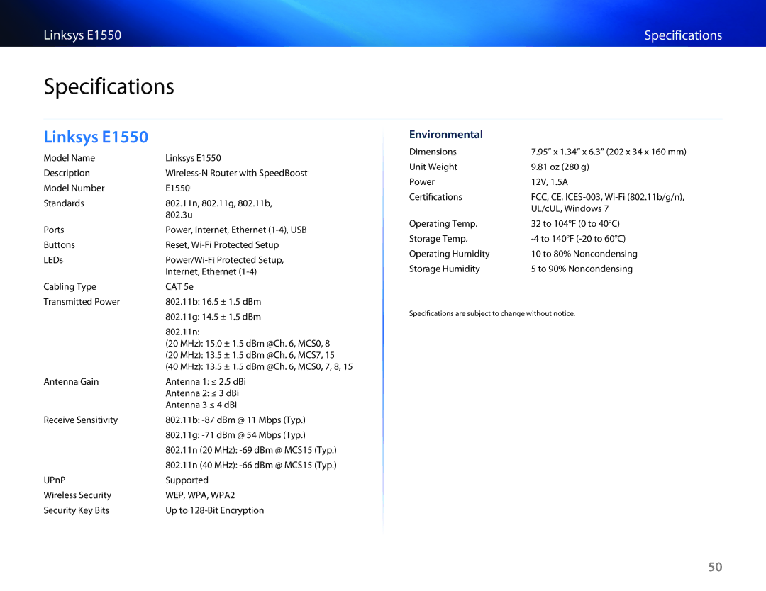 Linksys manual Specifications, Linksys E1550 