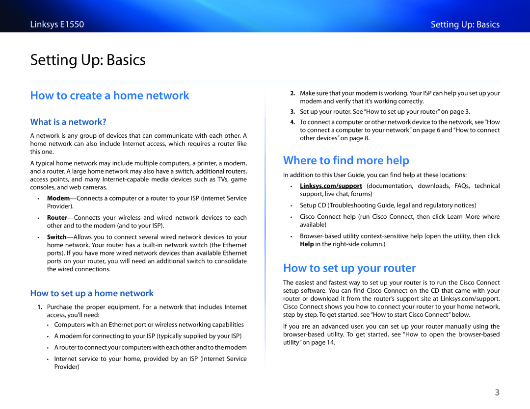 Linksys E1550 manual Setting Up Basics, How to create a home network, Where to find more help, How to set up your router 