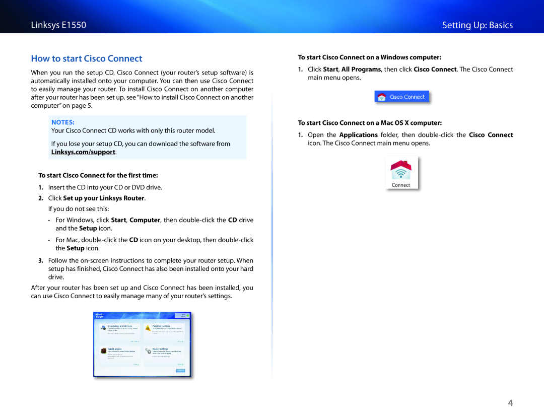 Linksys E1550 manual How to start Cisco Connect, To start Cisco Connect for the first time 