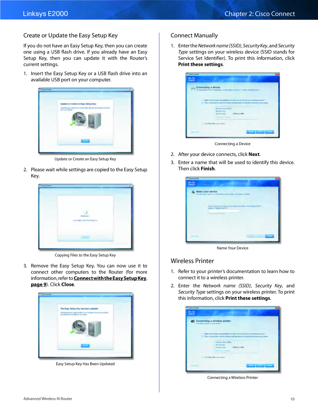 Linksys E2000 manual Wireless Printer, Create or Update the Easy Setup Key, Connect Manually 