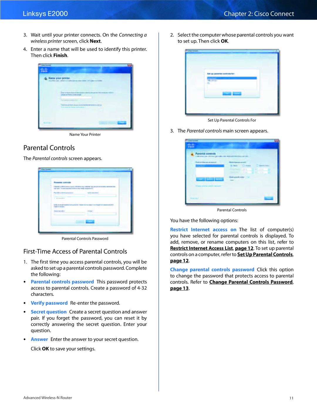 Linksys E2000 First-Time Access of Parental Controls, Parental controls screen appears, You have the following options 