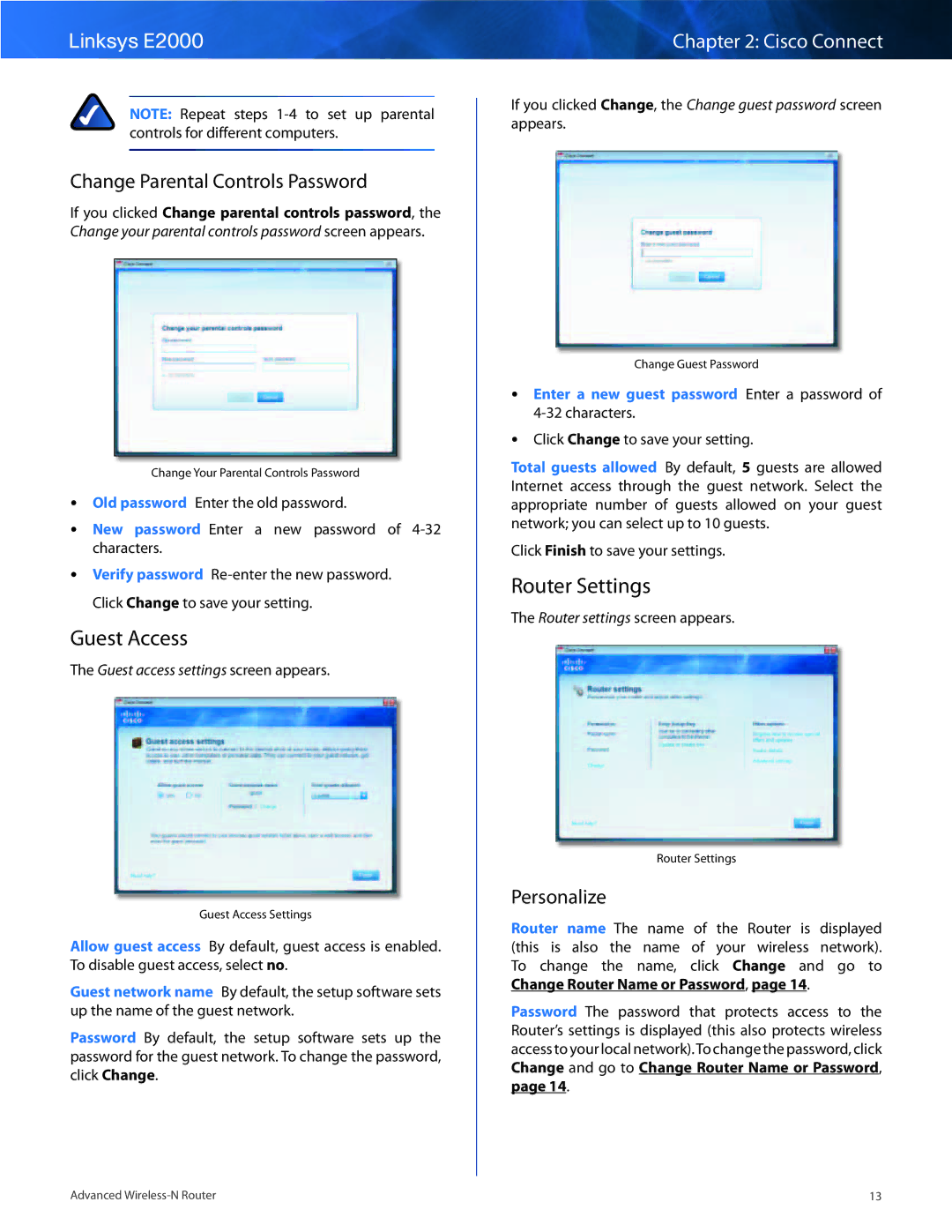 Linksys E2000 manual Guest Access, Router Settings, Change Parental Controls Password, Personalize 