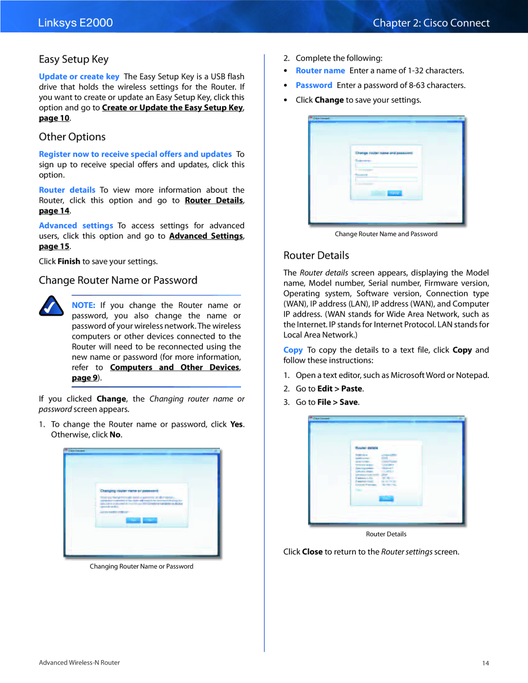 Linksys E2000 manual Easy Setup Key, Other Options, Change Router Name or Password, Router Details 